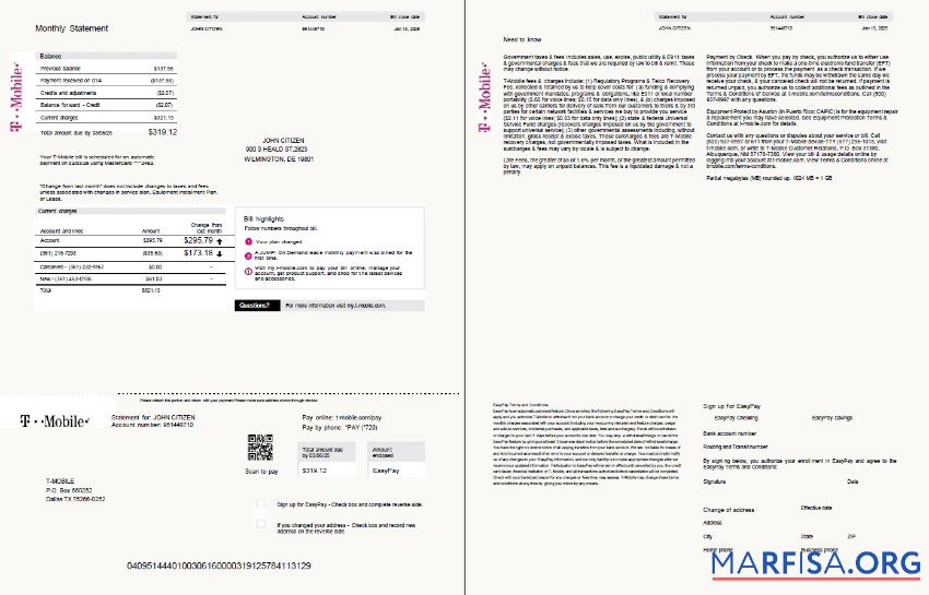 Blank USA T mobile utility bill template in Word and PDF formats, 2 pages, version 2